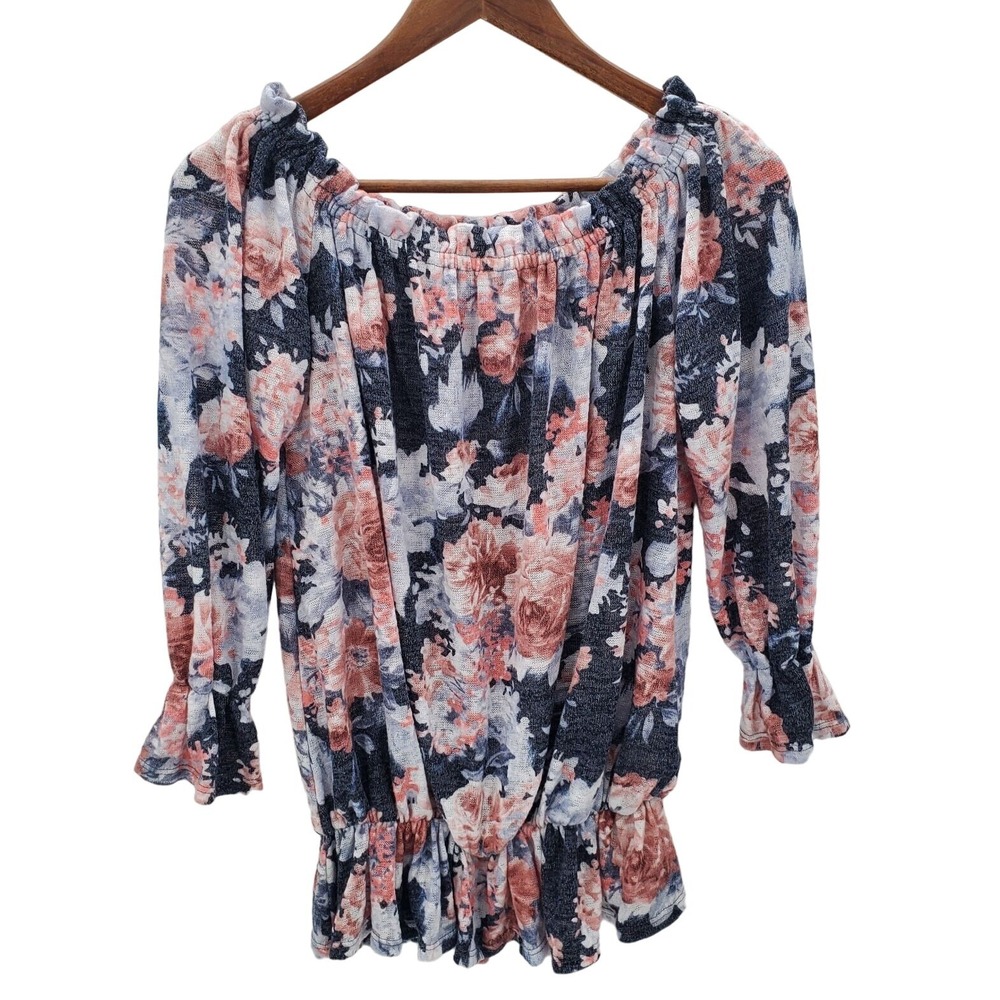 1.4.3 Story Womens M Navy Pink Floral‎ Off Shoulder Blouse Ruffle Hem Boho